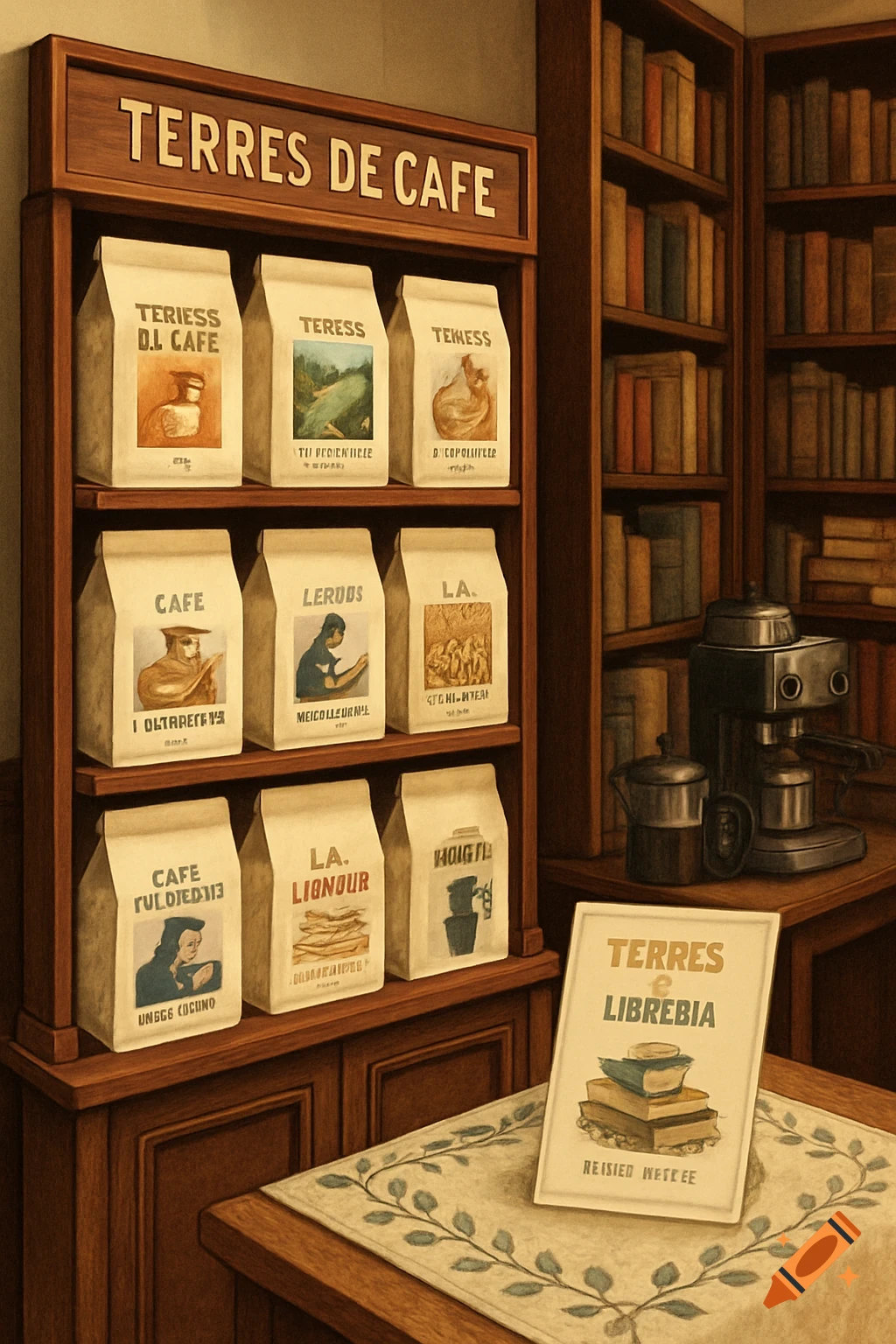 Wooden coffee display shelf filled with coffee bags next to a bookcase and espresso machine, with a book on a table.