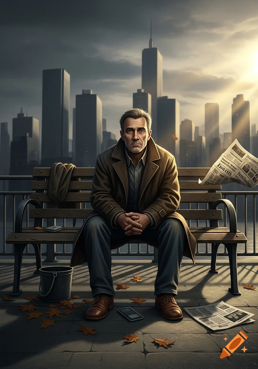 A somber man in a brown coat sits on a city bench amidst falling leaves, with newspapers and a city skyline behind him.