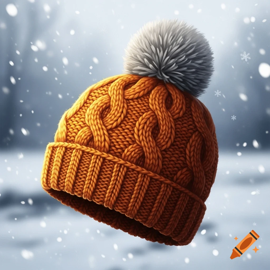 An orange knitted winter hat with a fluffy grey pom-pom on top, set against a softly blurred snowy background with falling snowflakes.