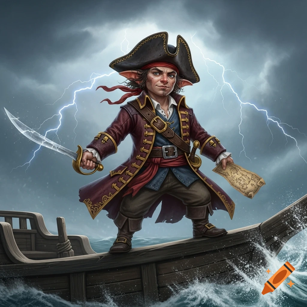 A fantasy halfling pirate with elf-like ears, wearing a red coat and tricorn hat, holds a sword and map on a storm-tossed ship with lightning.