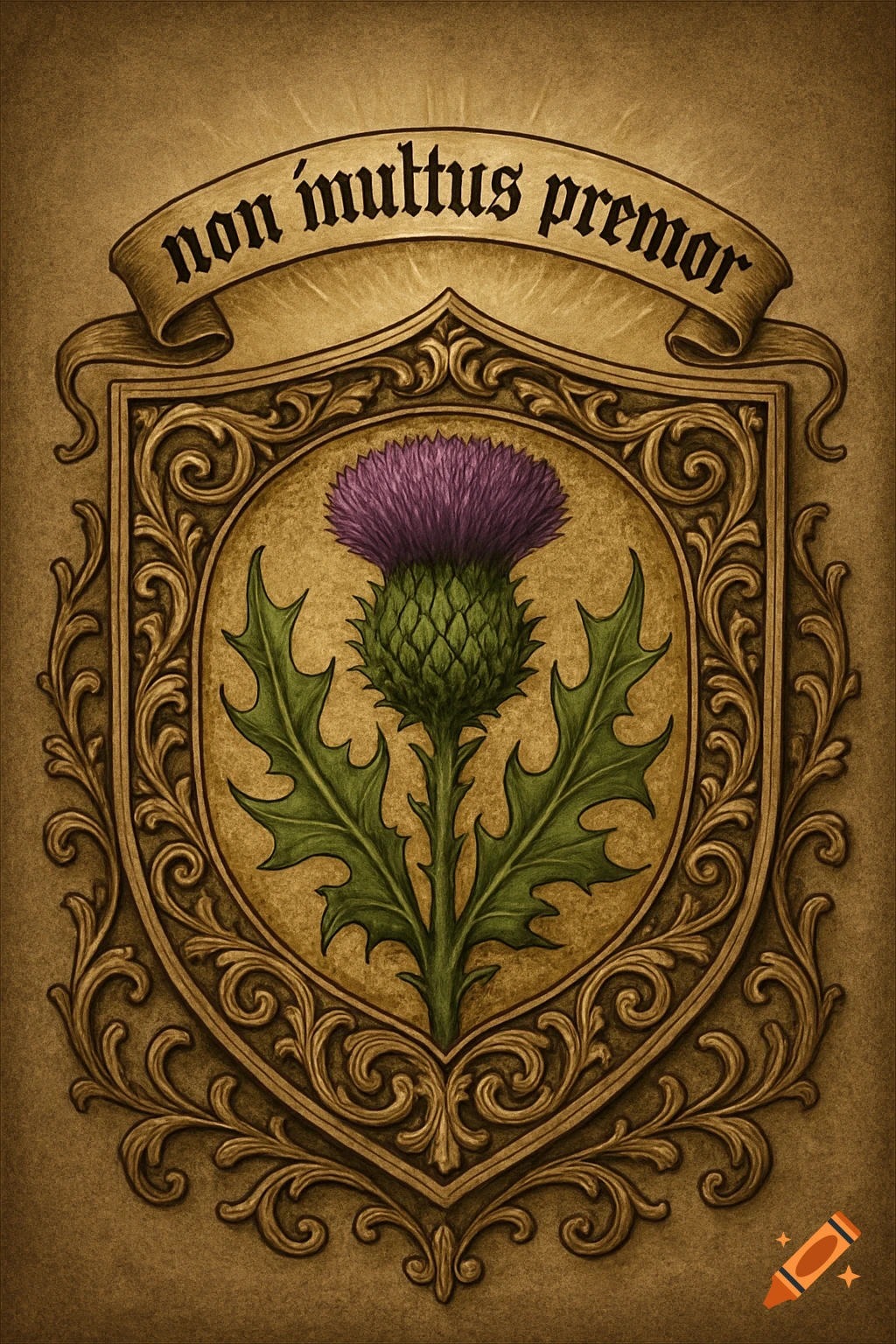 A golden heraldic shield with ornate borders features a purple thistle in the center. A banner above reads "non ínultus premor".