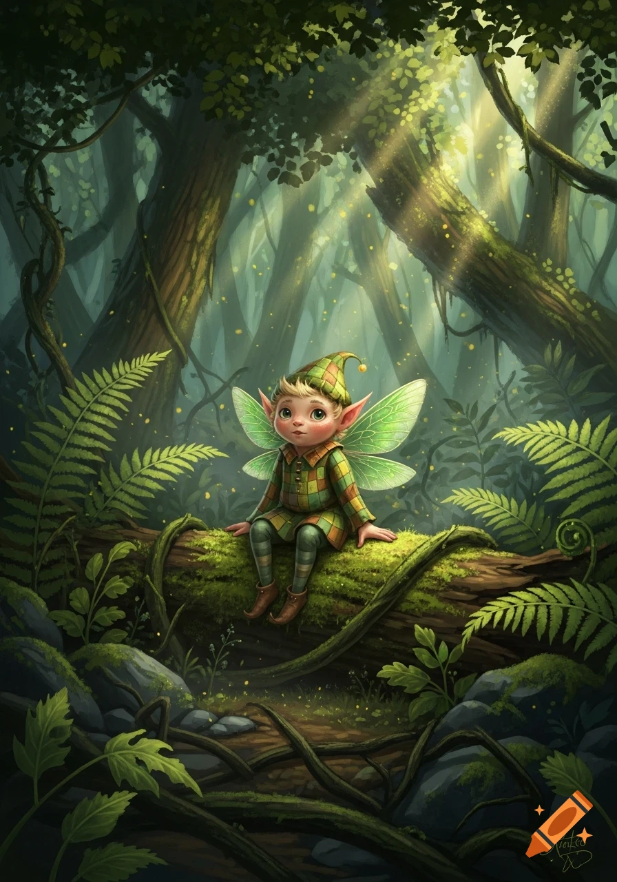 A cute fairy with green wings and a checkered outfit sits on a mossy log in a sunlit forest.