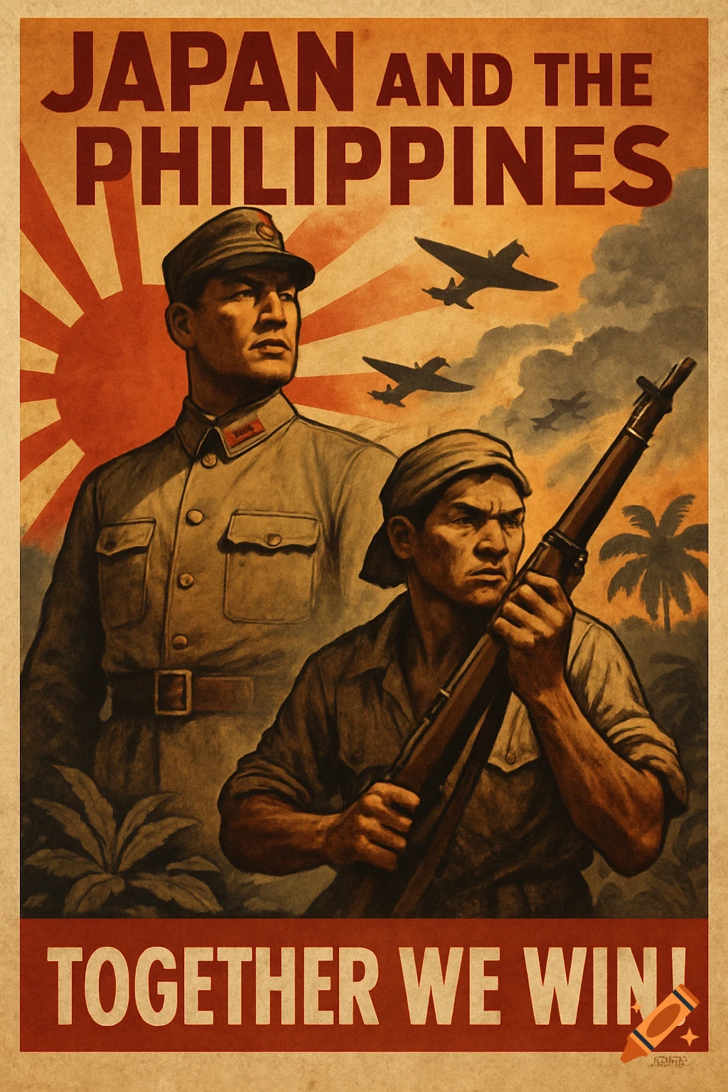 Vintage propaganda poster depicting a Japanese soldier and a Filipino fighter with a rifle, under the text "JAPAN AND THE PHILIPPINES" and "TOGETHER WE WIN!"