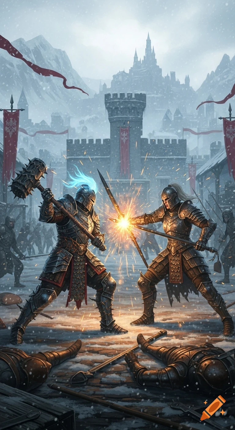 Two armored knights duel with glowing weapons in a snowy castle courtyard, with fallen soldiers nearby, in a high-fantasy illustration.