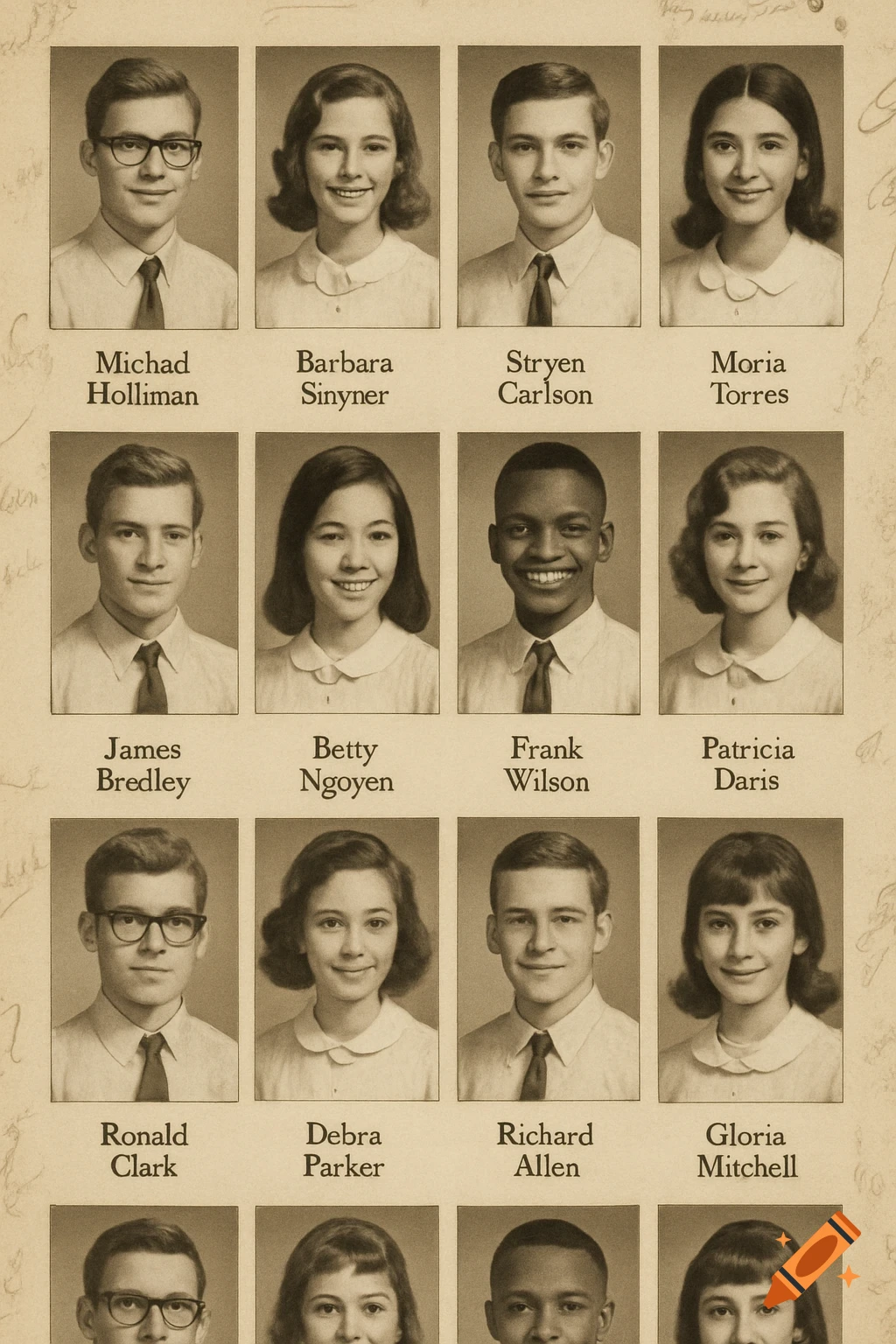 A sepia-toned 1960s school yearbook page featuring multiple student portraits and their names.