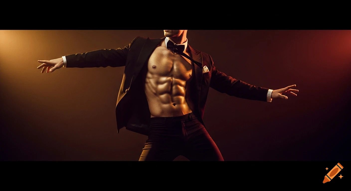 A shirtless male dancer in an open tuxedo jacket and pants poses with outstretched arms under dramatic, warm lighting.
