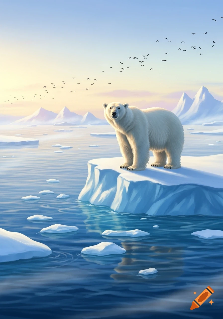 A polar bear stands on an iceberg in a blue arctic sea with distant mountains and birds in the sky, illustrated.