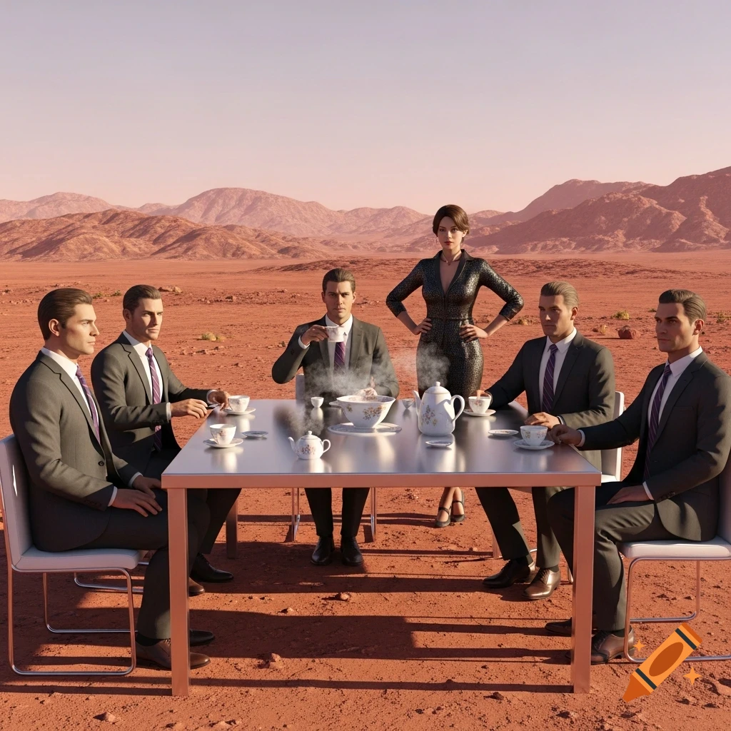 Businesspeople in suits and a woman in a dress have a tea party in a vast red desert landscape resembling Mars.