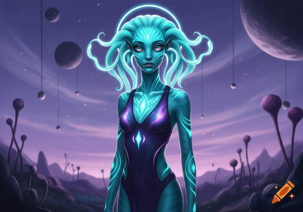 A glowing blue-skinned female alien with flowing hair and intricate markings stands in a purple alien landscape under a starry sky with moons.