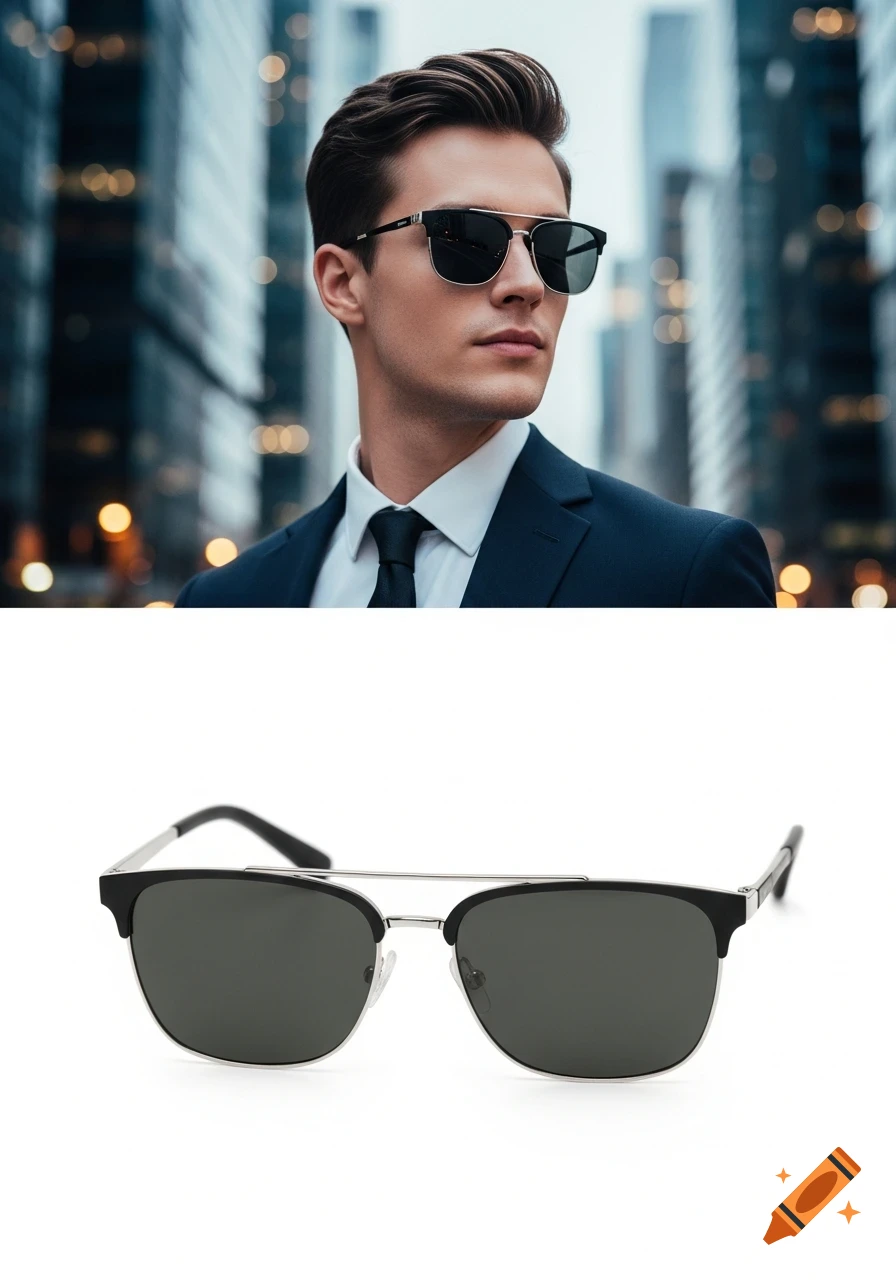 A man in a suit and modern sunglasses stands in a city, alongside a separate product shot of the sunglasses.