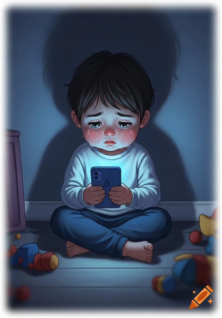 An illustration of a young child sitting on the floor, crying while holding a glowing smartphone in a dimly lit room with toys scattered around. A shadow of an adult is visible in the background.