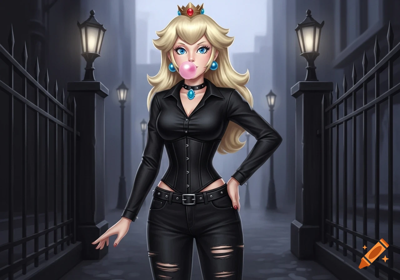 Gothic Princess Peach in a black shirt, corset, and ripped jeans, blowing bubblegum on a dim street.