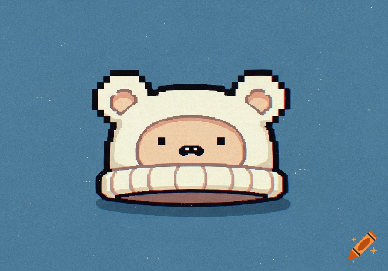 A pixel art illustration of Finn's white bear hat from Adventure Time, on a blue background.