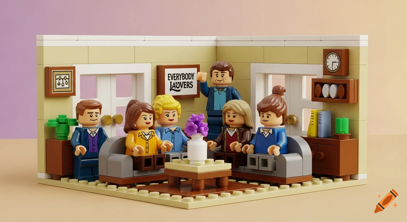 Lego figures arranged in a living room set, depicting a scene from a sitcom with a man standing and five others seated.