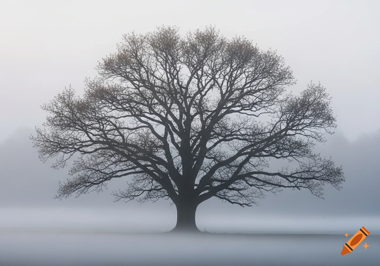 A large, isolated tree with bare branches stands silhouetted against a dense, atmospheric fog in a field.