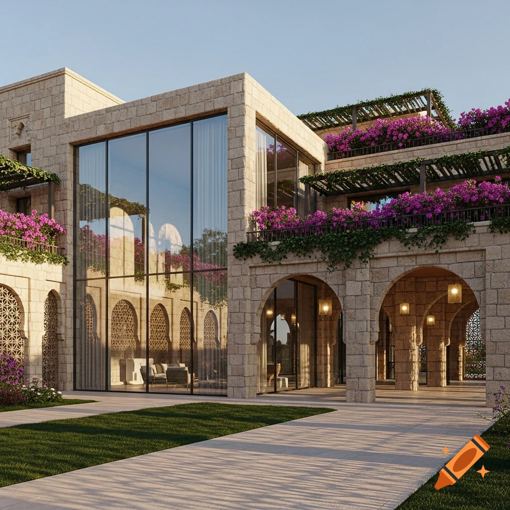 A luxurious modern stone house with large glass windows, arched entrances, and balconies adorned with vibrant purple flowers under a clear sky.