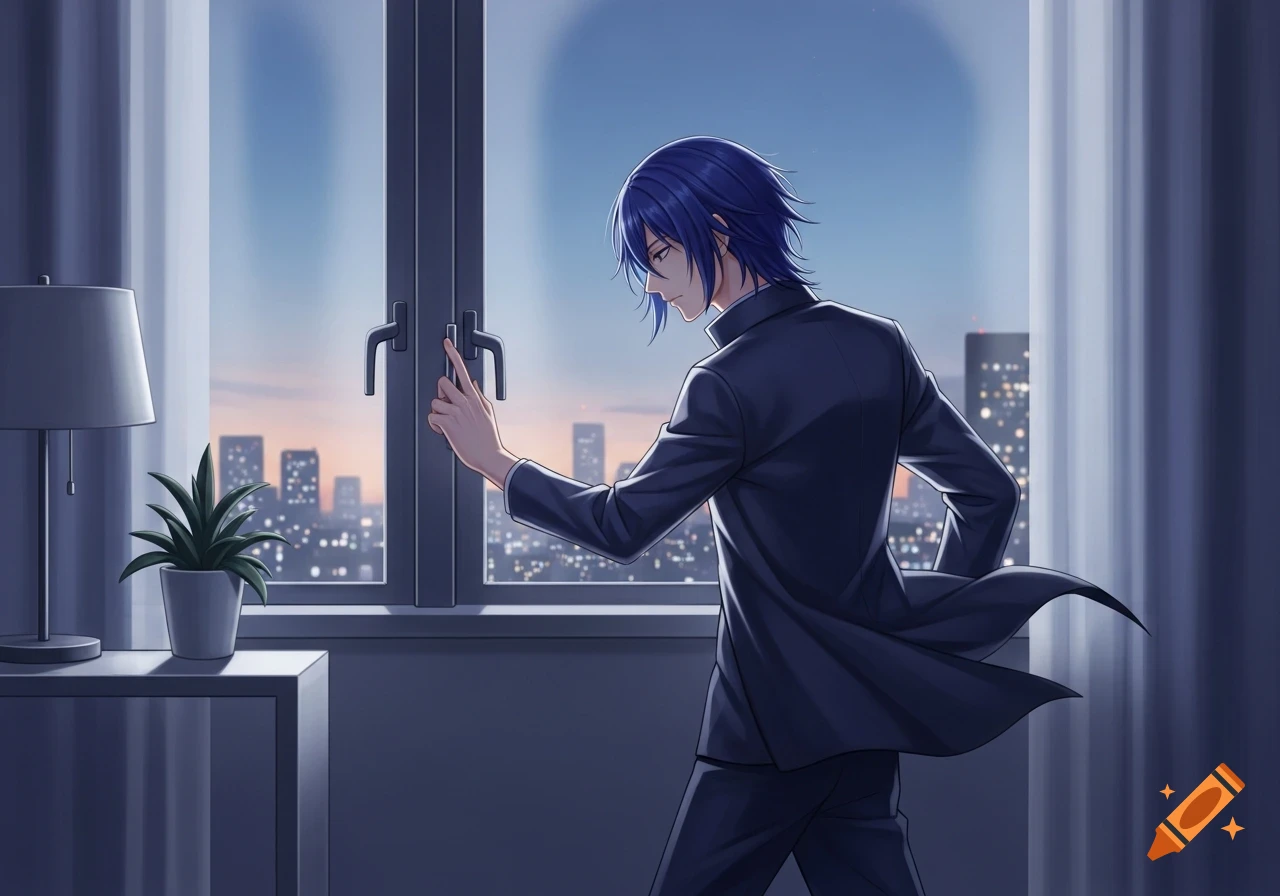 An anime man with blue hair in a suit closes a window, overlooking a city skyline at dusk.