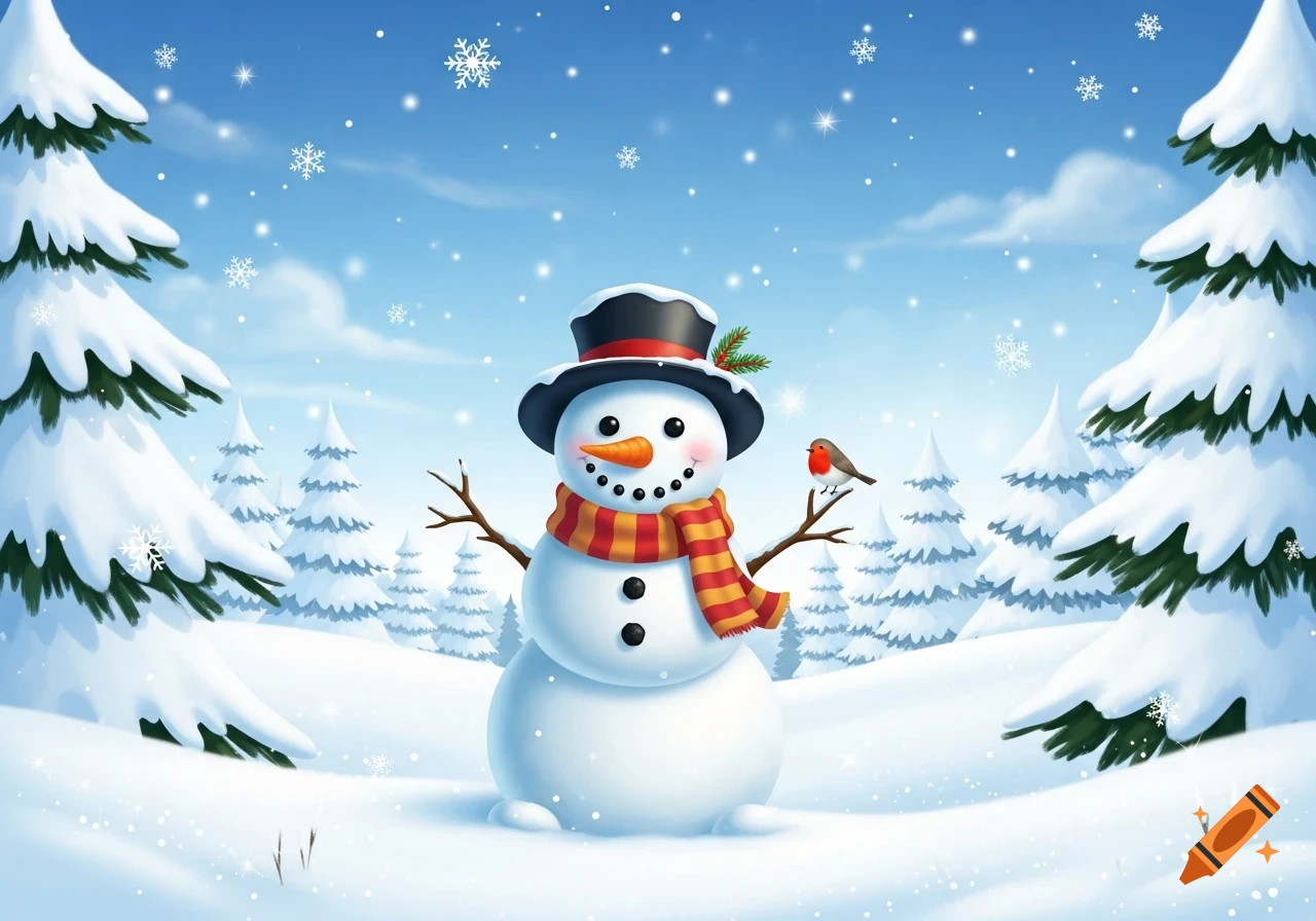 A cheerful snowman in a top hat and striped scarf, with a bird on its arm, stands in a snowy winter forest illustration.