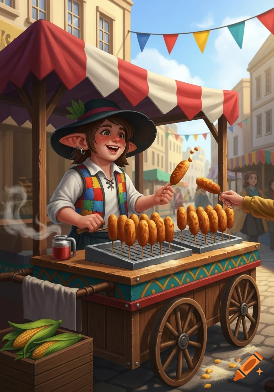 A smiling halfling vendor with pointy ears sells corndogs from a cart at a bustling fantasy market scene.