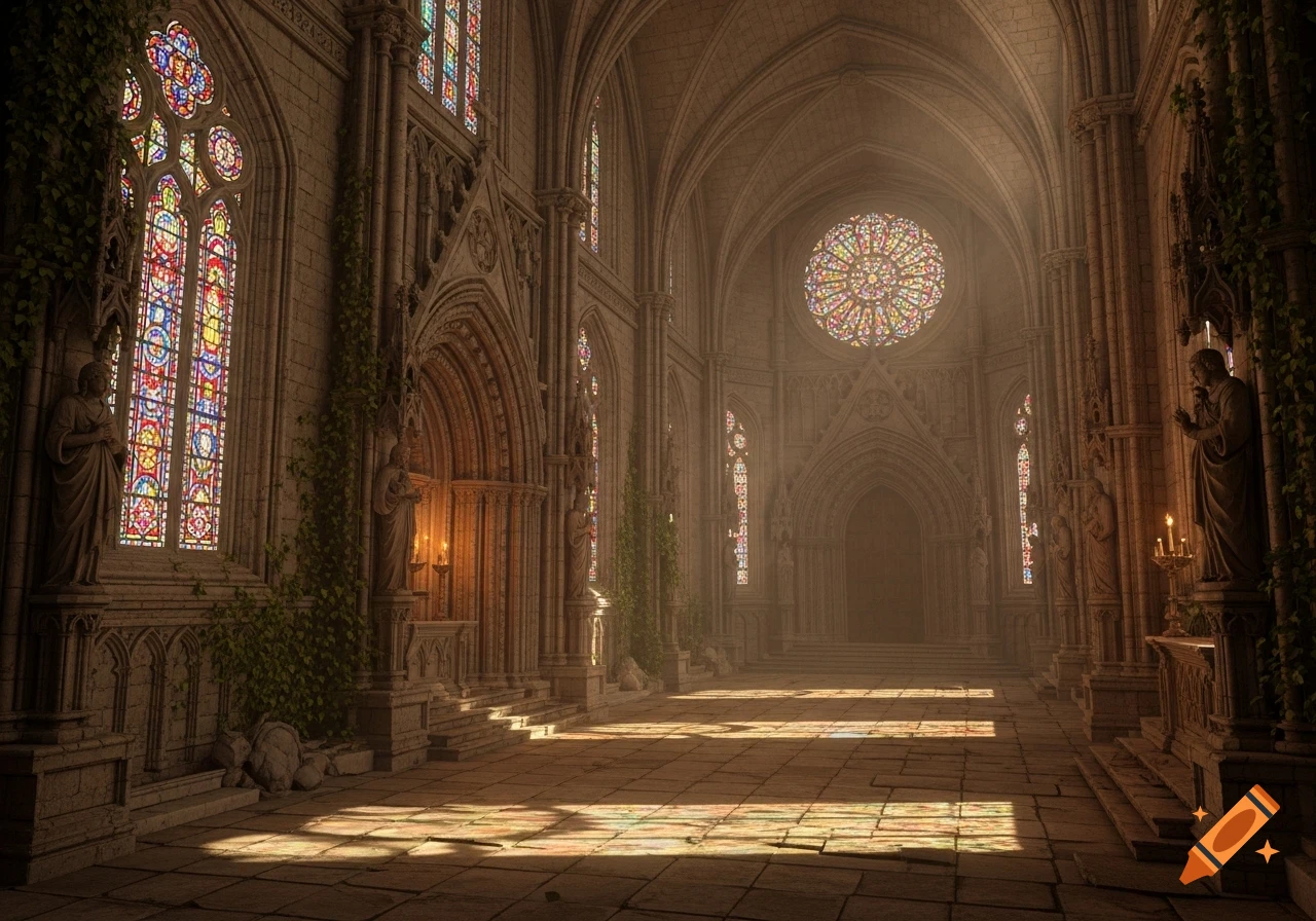 Gothic church interior with stained glass windows, archways, statues, and sunlight streaming onto the stone floor.