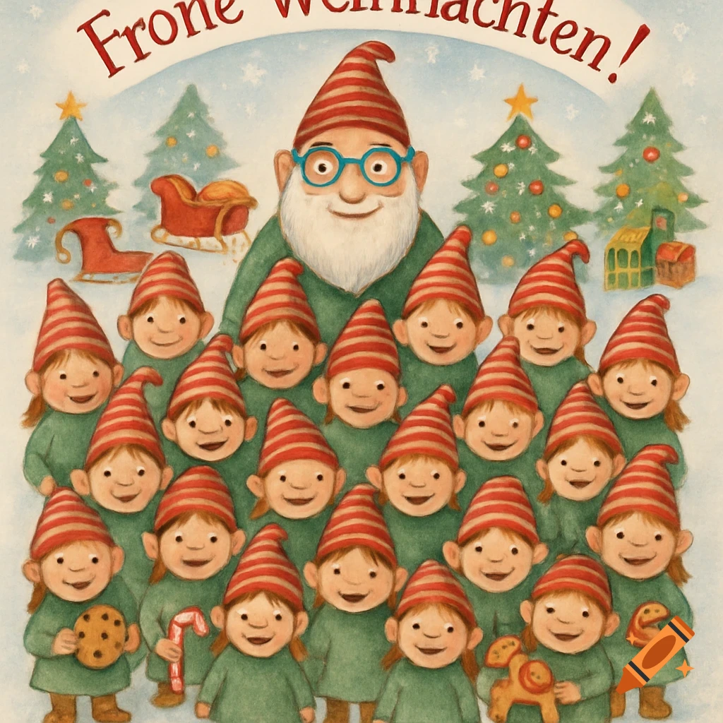 An illustration of a large gnome with glasses and a white beard surrounded by many smaller gnomes in striped hats, holding cookies, candy canes, and toys. The snowy background features decorated Christmas trees and sleds, with "Frohe Weihnachten!" on a banner.