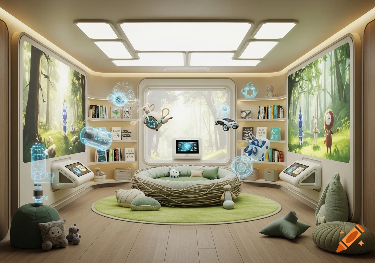 A futuristic children's room with a nest-like bed on a green rug, large screens showing a forest, bookshelves, and glowing holographic gadgets.