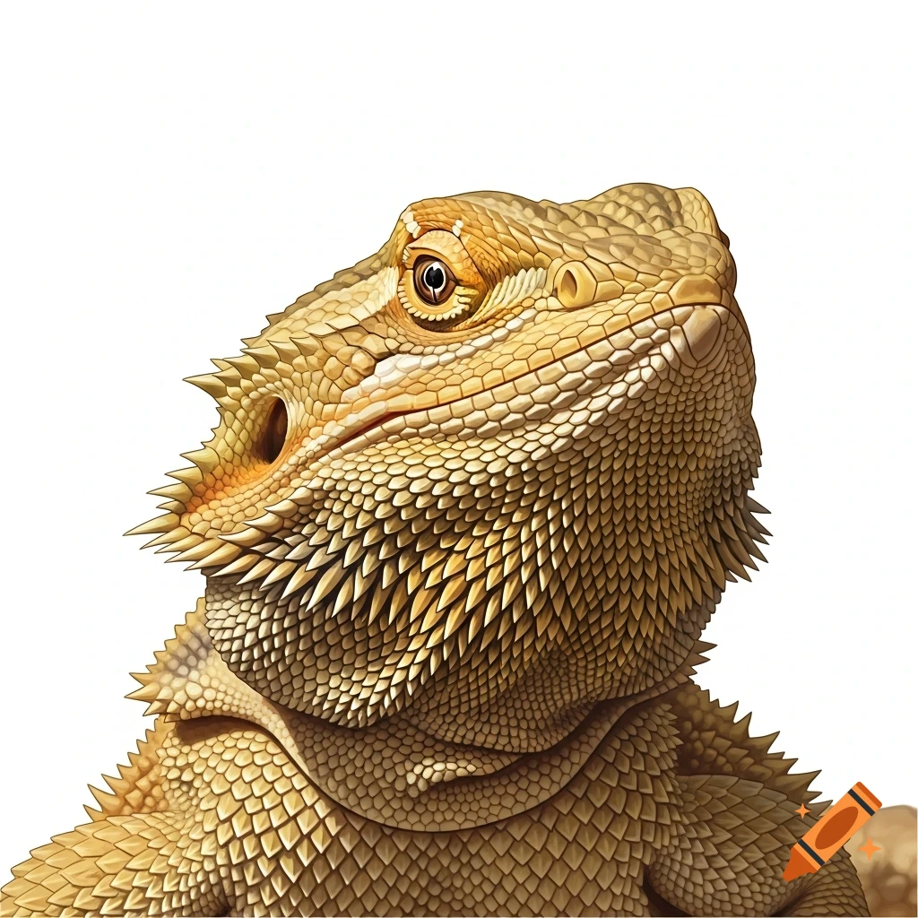 Close-up of a sandy bearded dragon with textured scales, looking to the side on a white background.