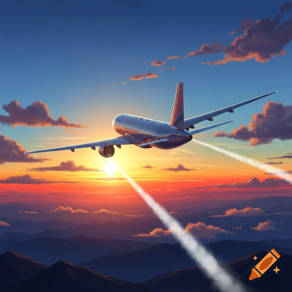 A passenger airplane flies over dark mountains during a vibrant sunset, leaving white contrails in the orange and blue sky.