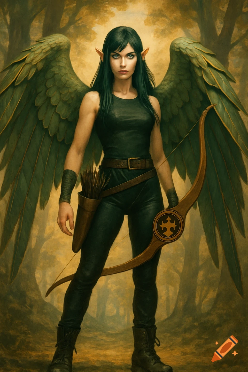 An elven warrior with dark green hair, pointed ears, and large green wings, stands with a bow and quiver of arrows in a forest.