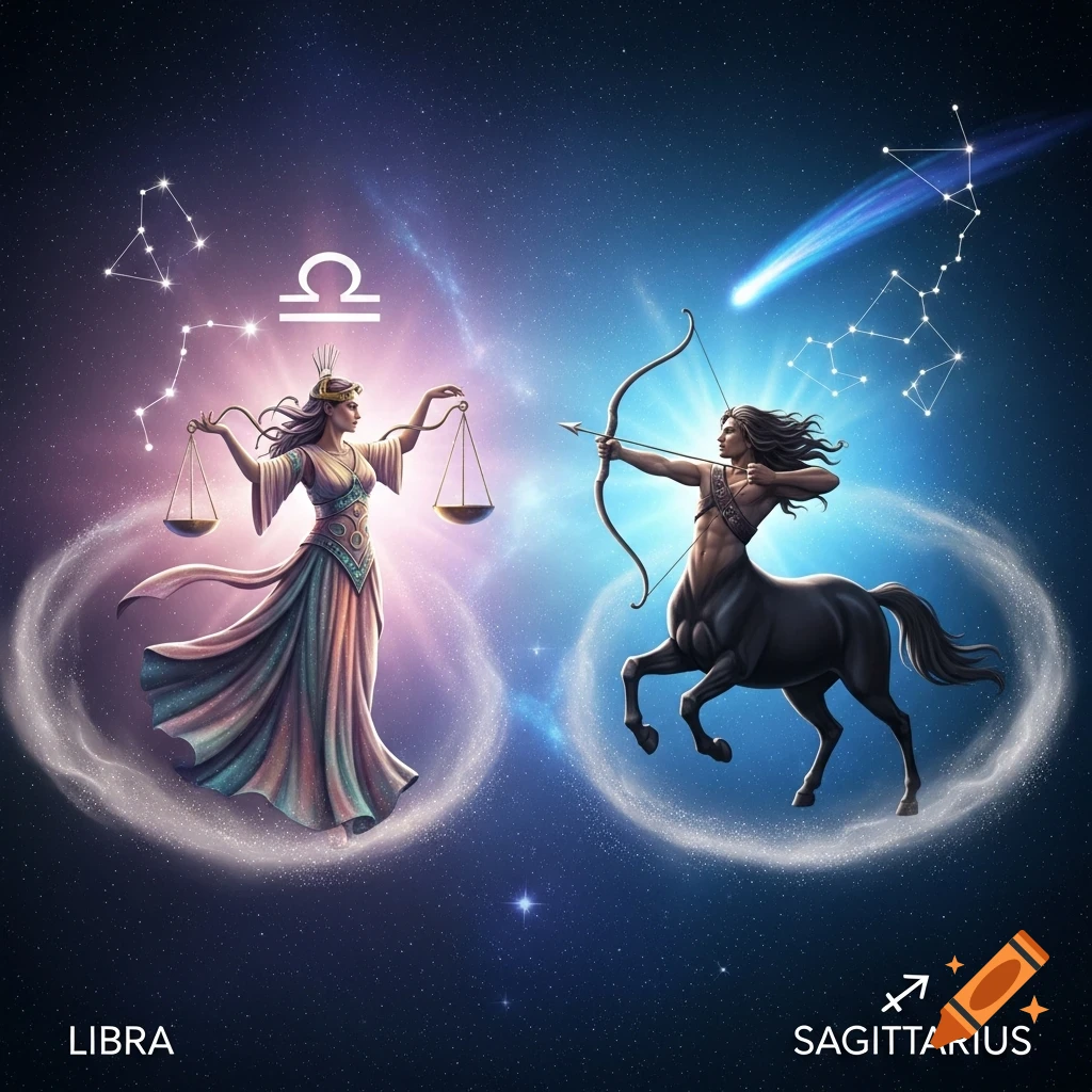 An animated depiction of Libra, a woman holding scales, and Sagittarius, a centaur archer, set against a vibrant starry night sky.