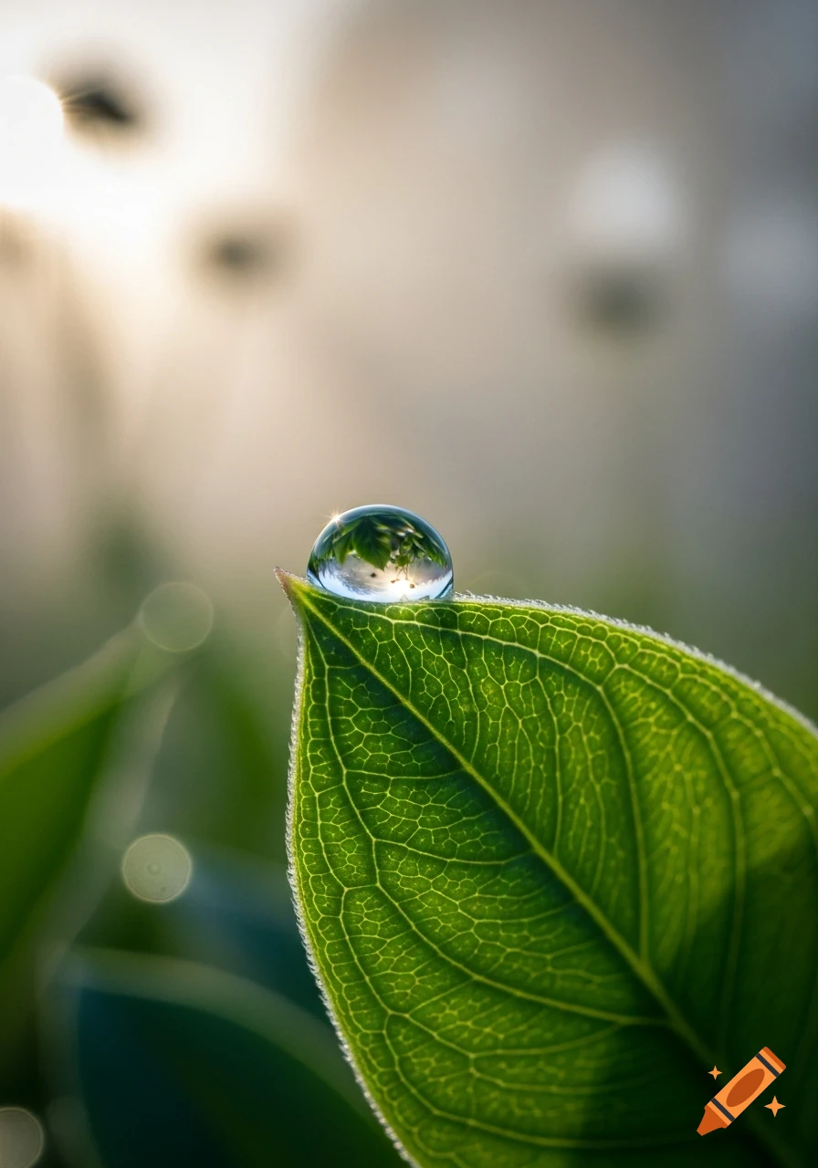 A close-up of a green leaf with a clear dewdrop reflecting inverted greenery and sunlight, macro photography.