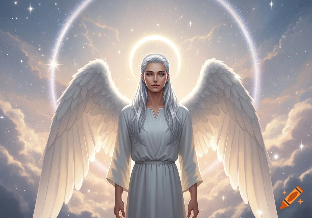 Digital art of a serene angel with long white hair, white robe, large wings, and a halo, standing in a starlit celestial sky.
