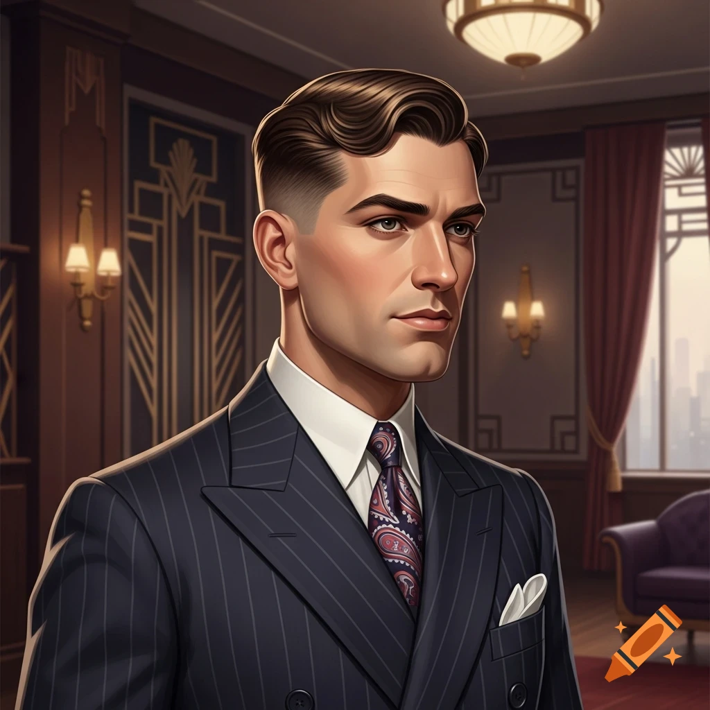 A stylized portrait of a man with a slicked-back 1930s haircut and a pinstripe suit in an Art Deco interior.