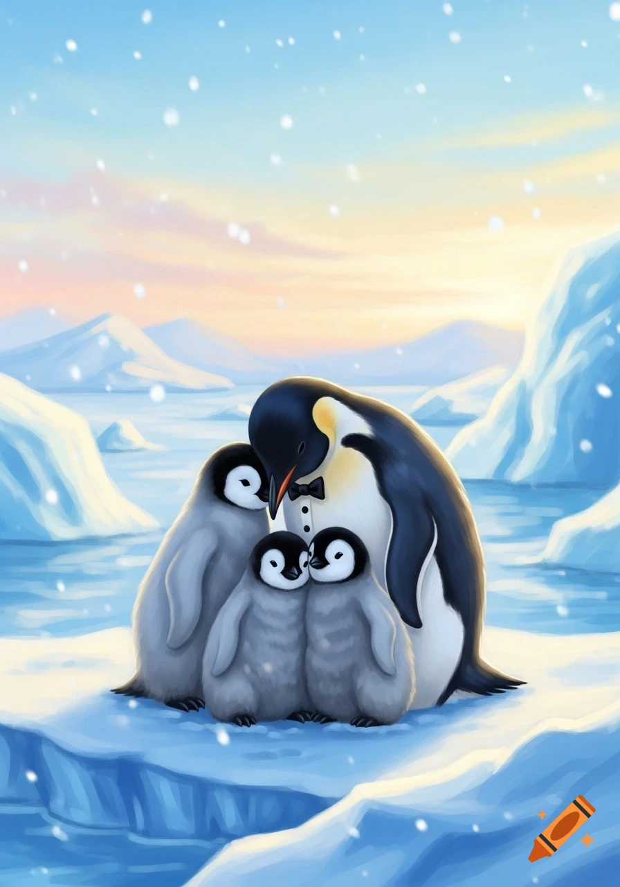 A cute illustration of an adult penguin in a bow tie with three chicks huddling in a snowy, icy Antarctic landscape at sunset.