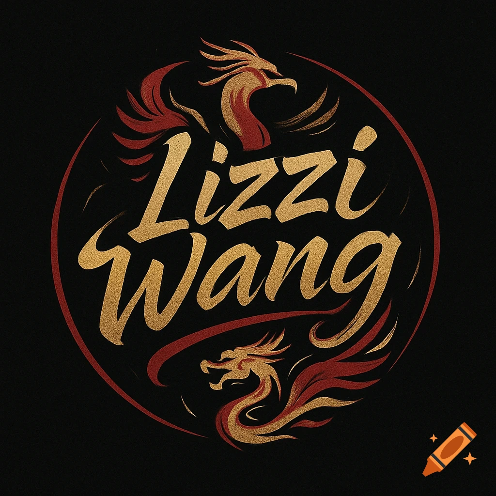 A black circular gamer logo featuring golden stylized text "Lizzi Wang" framed by red and gold phoenix or dragon motifs in an Asian style.