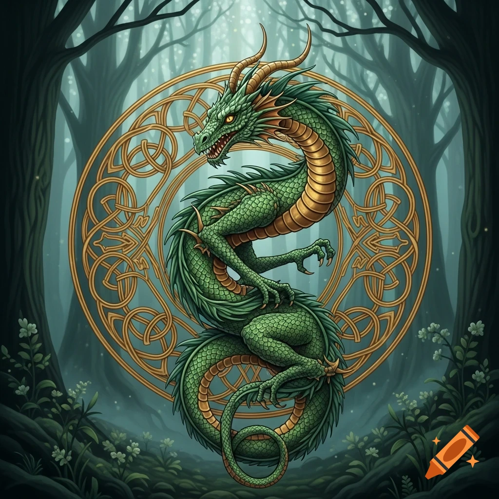 A vibrant green dragon with golden scales and horns, coiled around an elaborate golden Celtic knot circle, set against a mystical forest background with tall trees and glowing foliage.