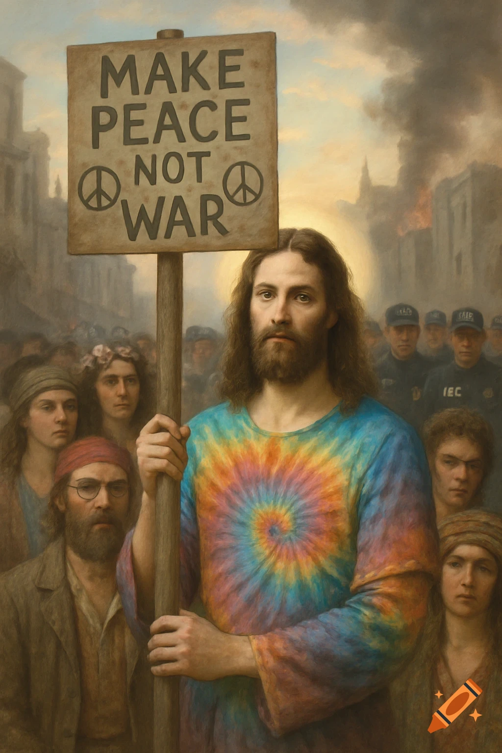 Painting of a Jesus-like man in a tie-dye shirt holding a 'Make Peace Not War' sign at a protest, surrounded by diverse people and police.