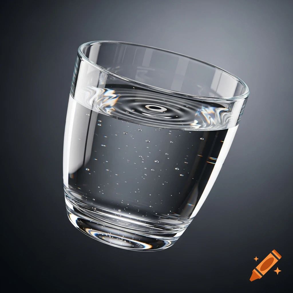 A clear glass cup filled with water, showing ripples on the surface and small bubbles, against a dark gradient background in a photorealistic style.