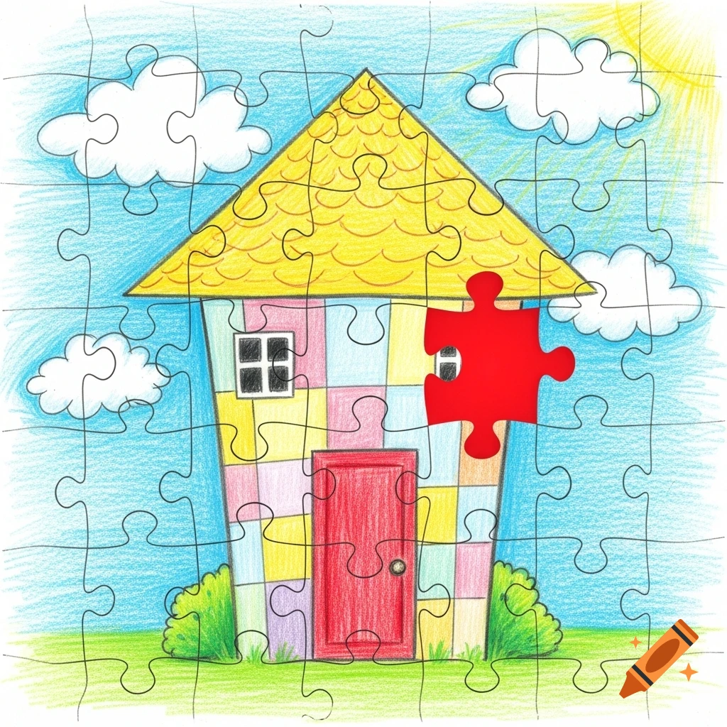 A colorful crayon drawing of a house made of puzzle pieces, with one bright red puzzle piece standing out from the multicolored walls under a sunny blue sky.