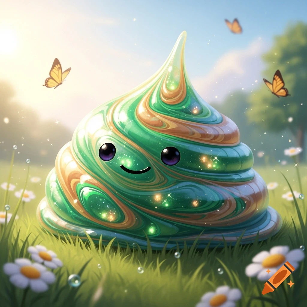 A cute, smiling slime creature with green and honey swirls and iridescent lights sits in a sunny meadow with daisies and butterflies.