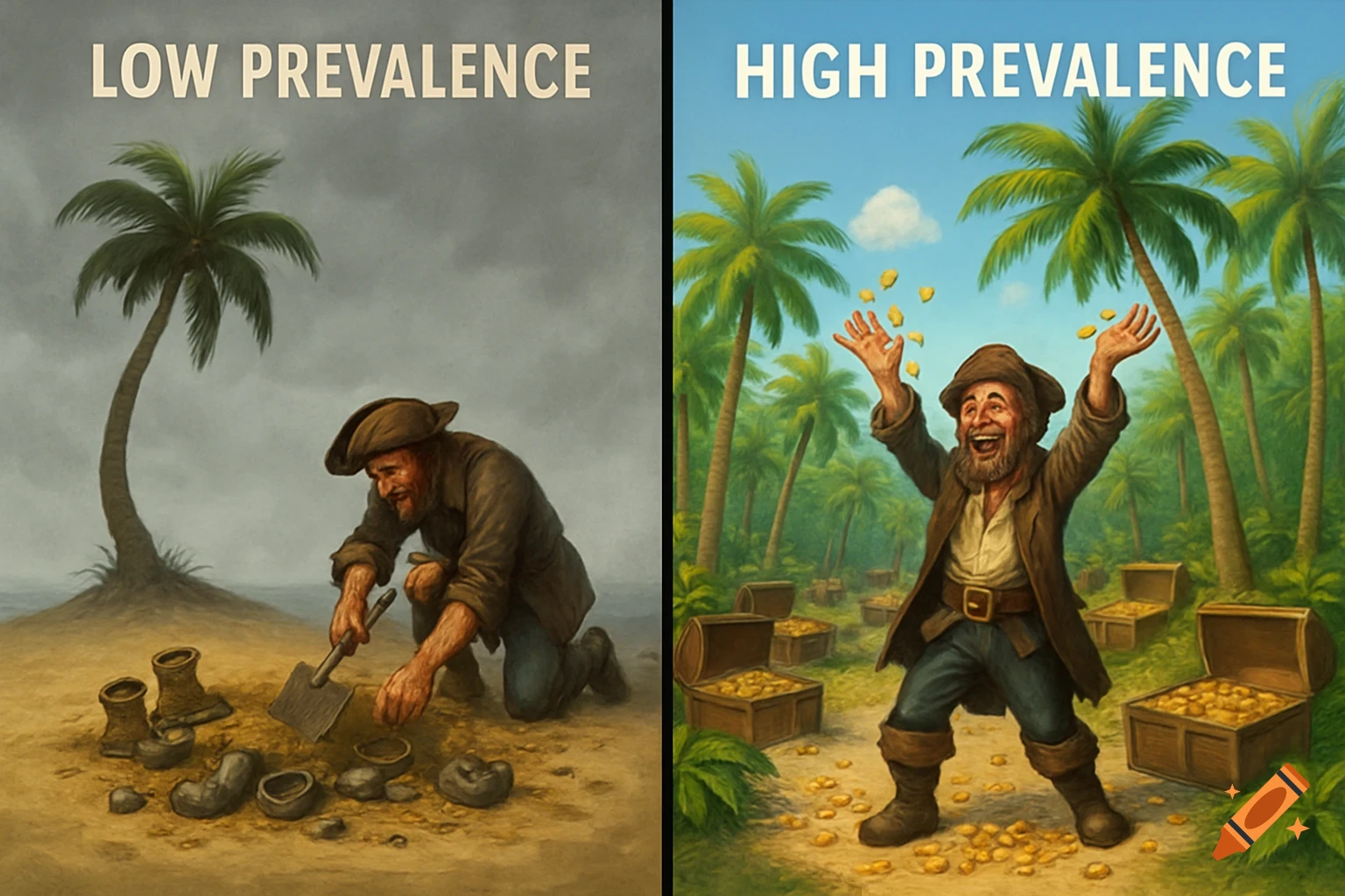 A split illustration of a pirate: frustrated and digging for junk on a desolate island on the left, and joyful with gold on a lush island on the right.