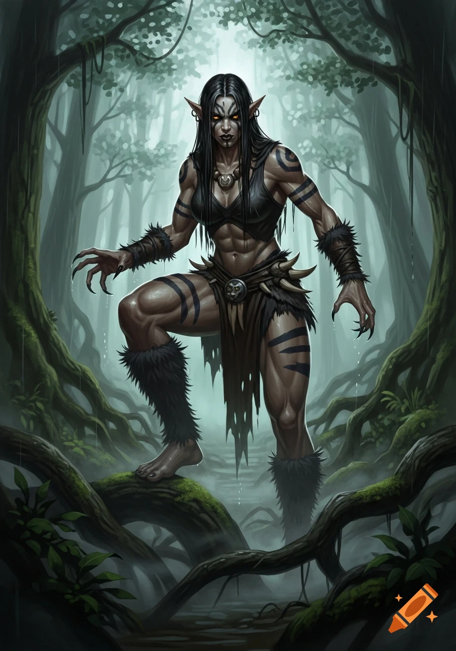 A muscular tribal female orc barbarian with long black hair, yellow eyes, and tribal markings stands on a mossy log in a dark, wet jungle.