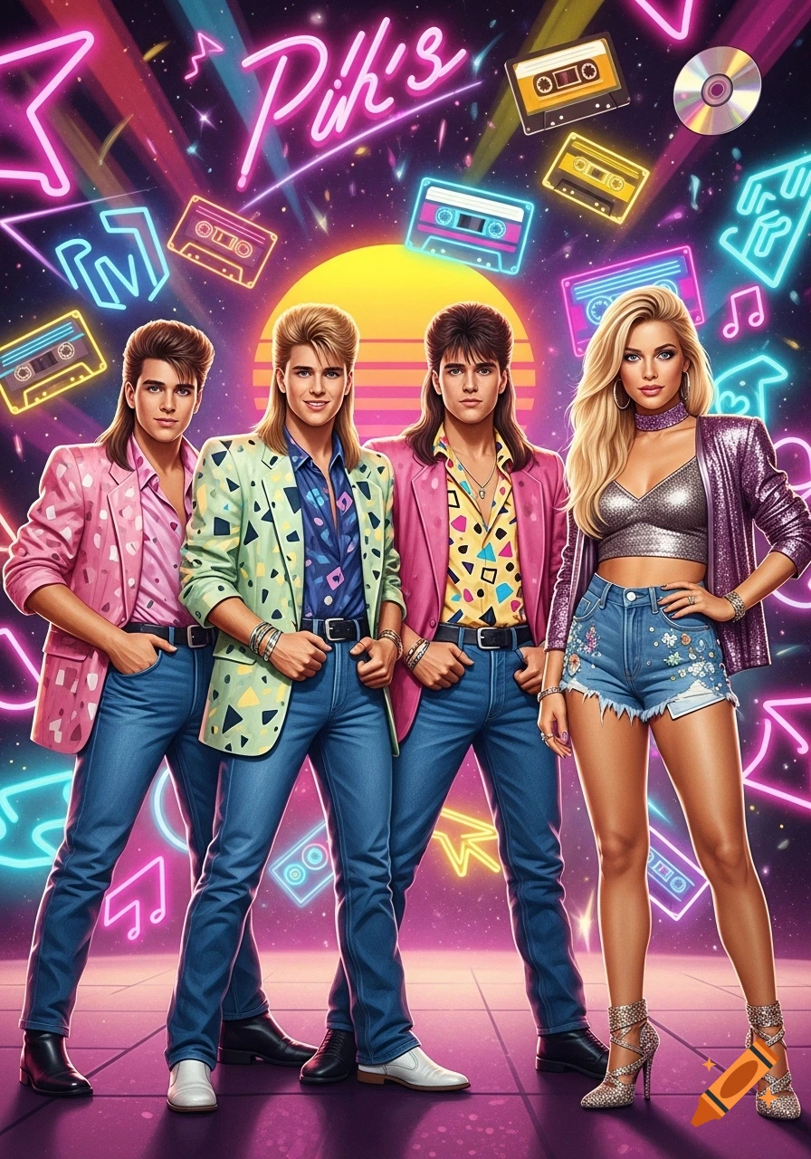 Four people in 80s and 90s fashion, three men with mullets and one blonde woman, pose against a vibrant neon retro background with cassette tapes.