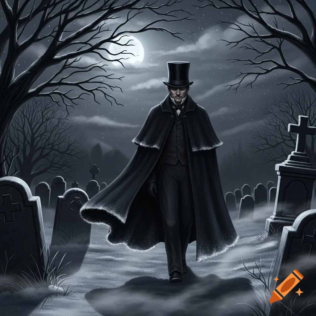 A man in a top hat and long cloak walks through a misty, moonlit graveyard with bare trees and tombstones.
