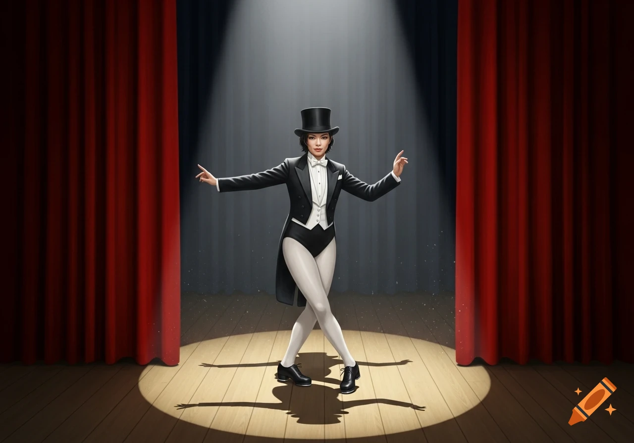 A woman in a black tuxedo jacket, leotard, and top hat tap dances on a spotlighted stage with red curtains.