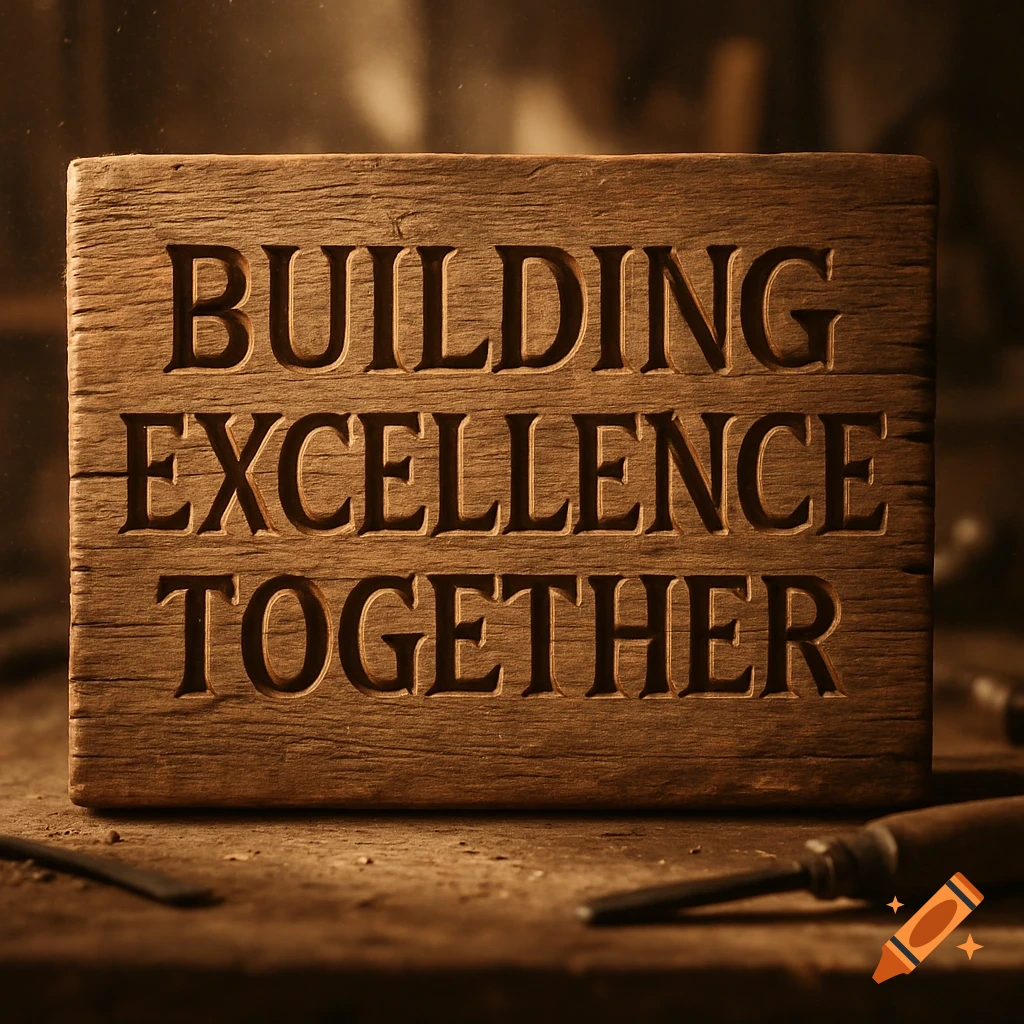 Photorealistic close-up of 'BUILDING EXCELLENCE TOGETHER' carved into a rustic wooden board, with tools in the background.