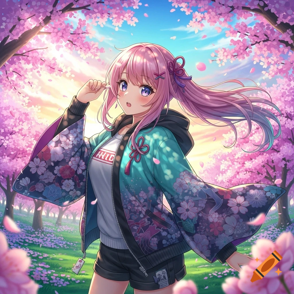 A pink-haired anime girl with a floral kimono jacket stands in a vibrant cherry blossom garden with falling petals, looking surprised.