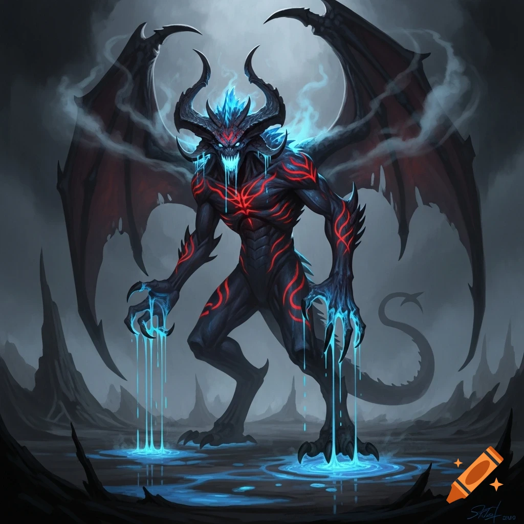 A dark fantasy illustration of a horned, winged demon with red glowing patterns and blue liquid dripping from its body.