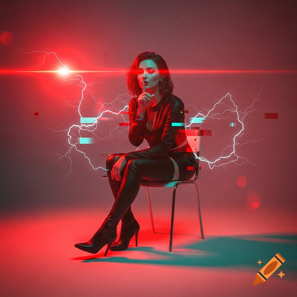 Woman in leather making 'shhh' gesture, surrounded by red lights, lightning, and glitch effects in cyberpunk style.