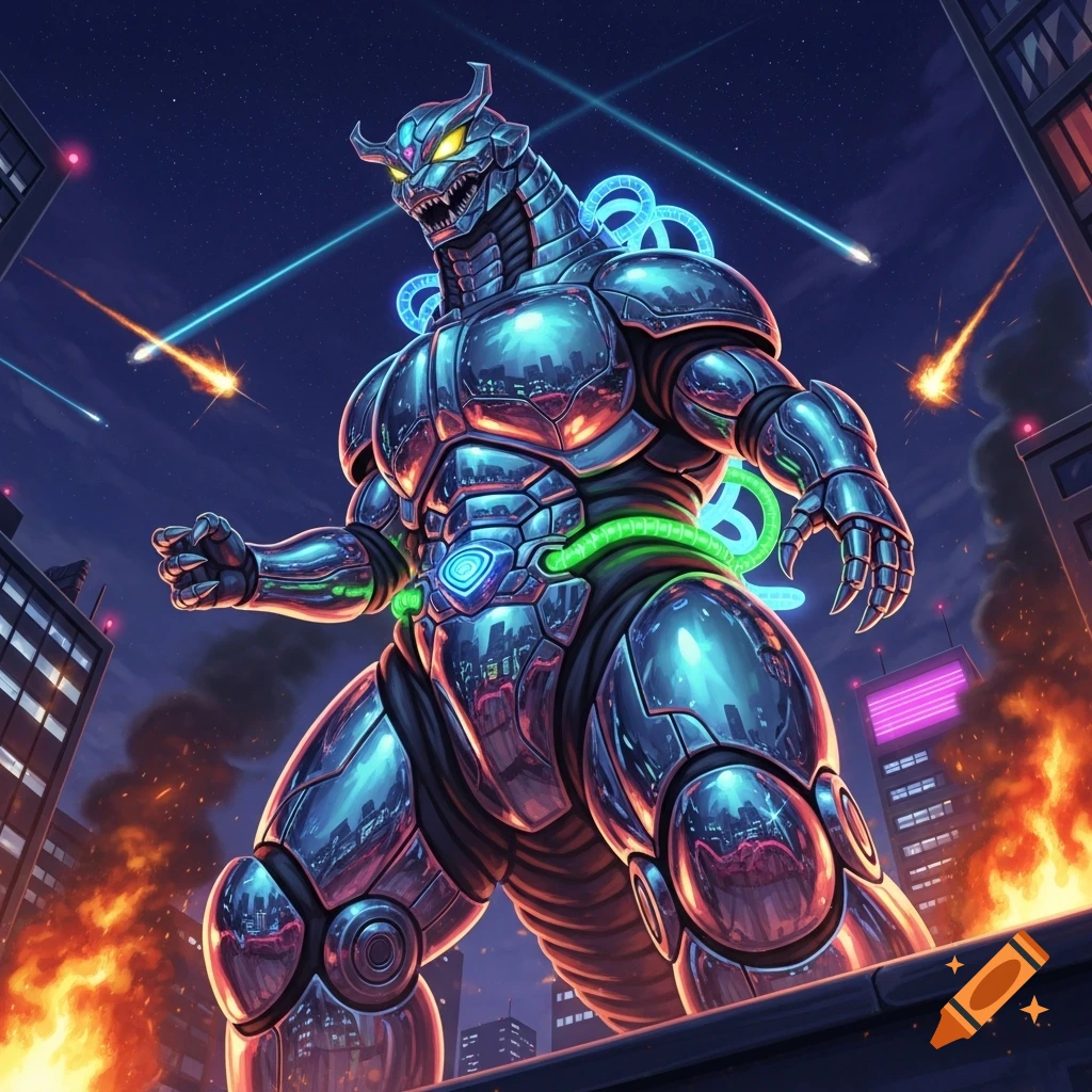 A giant metallic blue robot kaiju with glowing accents stands amid a burning city at night, under attack by missiles, in a vibrant 90s tokusatsu style.